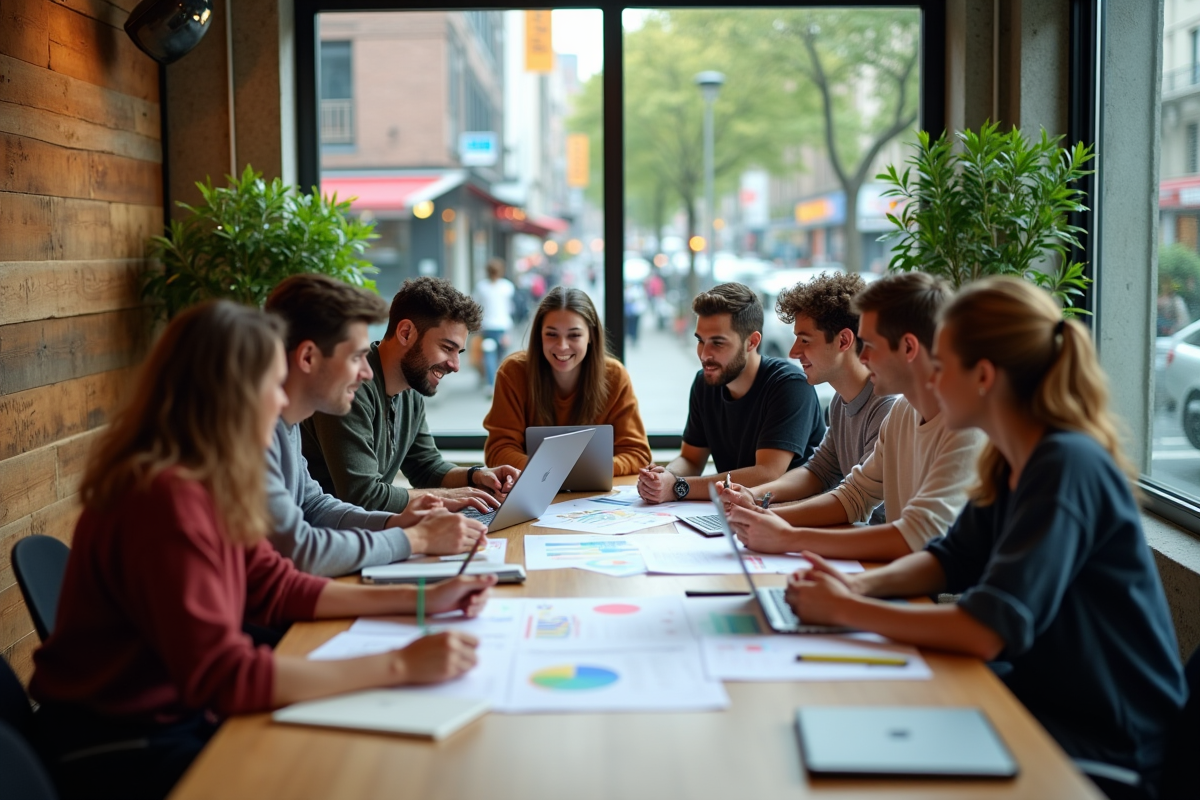 Groupe de jeunes adultes collaborant dans un espace de coworking écologique