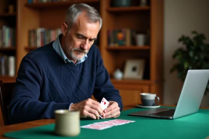 Joueur de bridge adulte analysant ses cartes devant un site de tactiques sur ordinateur
