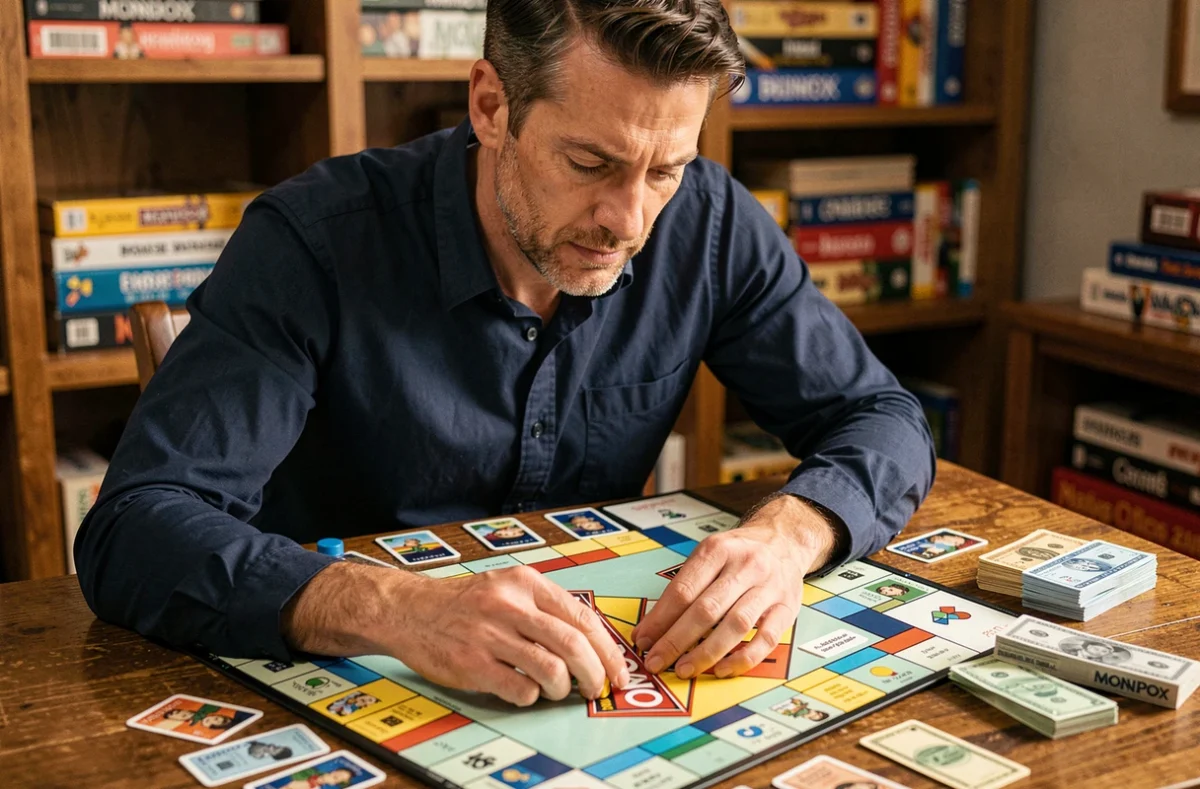 Joueur adulte concentré sur un plateau de Monopoly avec des billets et des propriétés, stratégie de jeu de société en intérieur