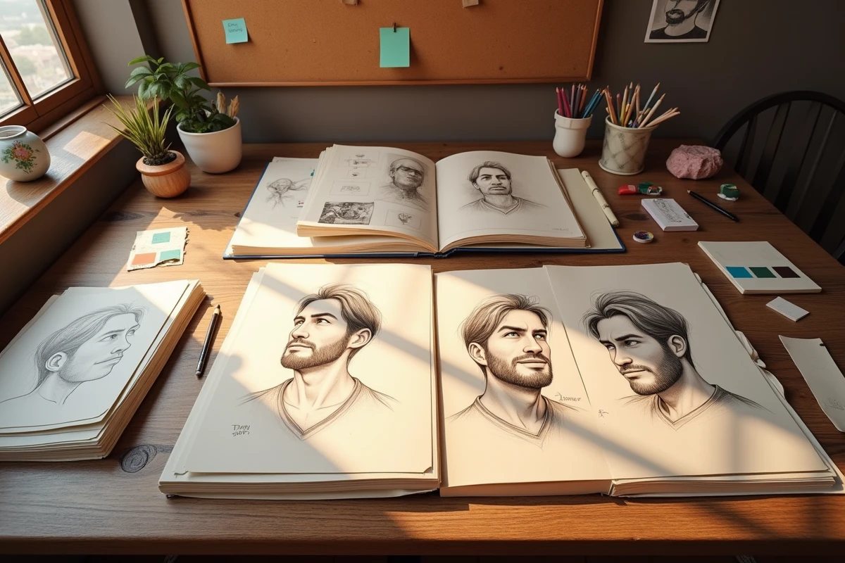 Bureau d'animateur avec esquisses et planches de conception d'un personnage masculin inspiré de l'univers Disney Frozen