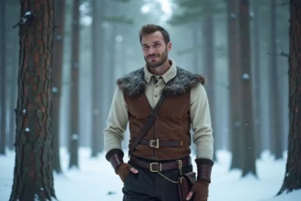 Cosplayeur adulte incarnant Kristoff de La Reine des Neiges dans une forêt nordique enneigée