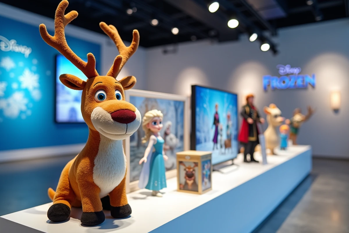 Exposition de figurines et merchandising Disney autour du personnage de Kristoff et du renne Sven de La Reine des Neiges