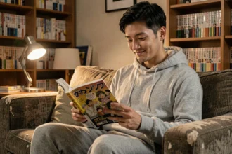Jeune homme lisant un manga One Punch Man assis sur un canapé dans un appartement cosy rempli de volumes manga