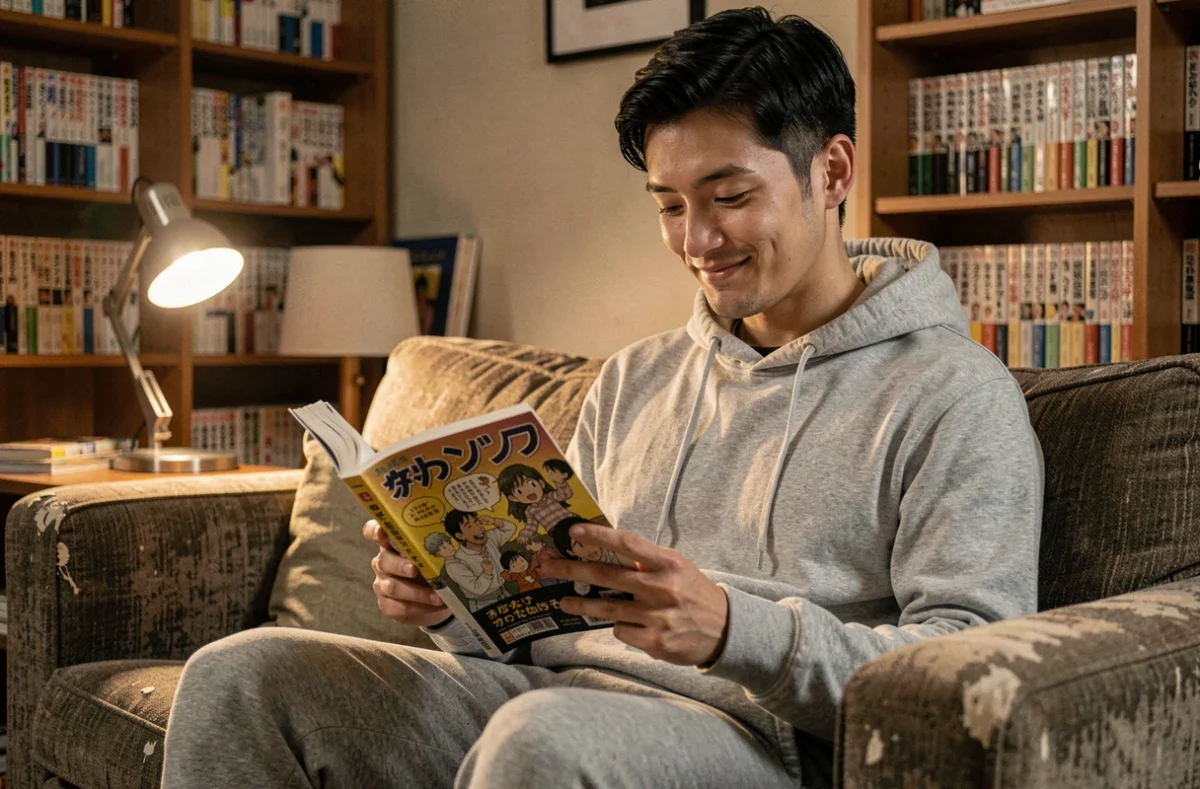 Jeune homme lisant un manga One Punch Man assis sur un canapé dans un appartement cosy rempli de volumes manga