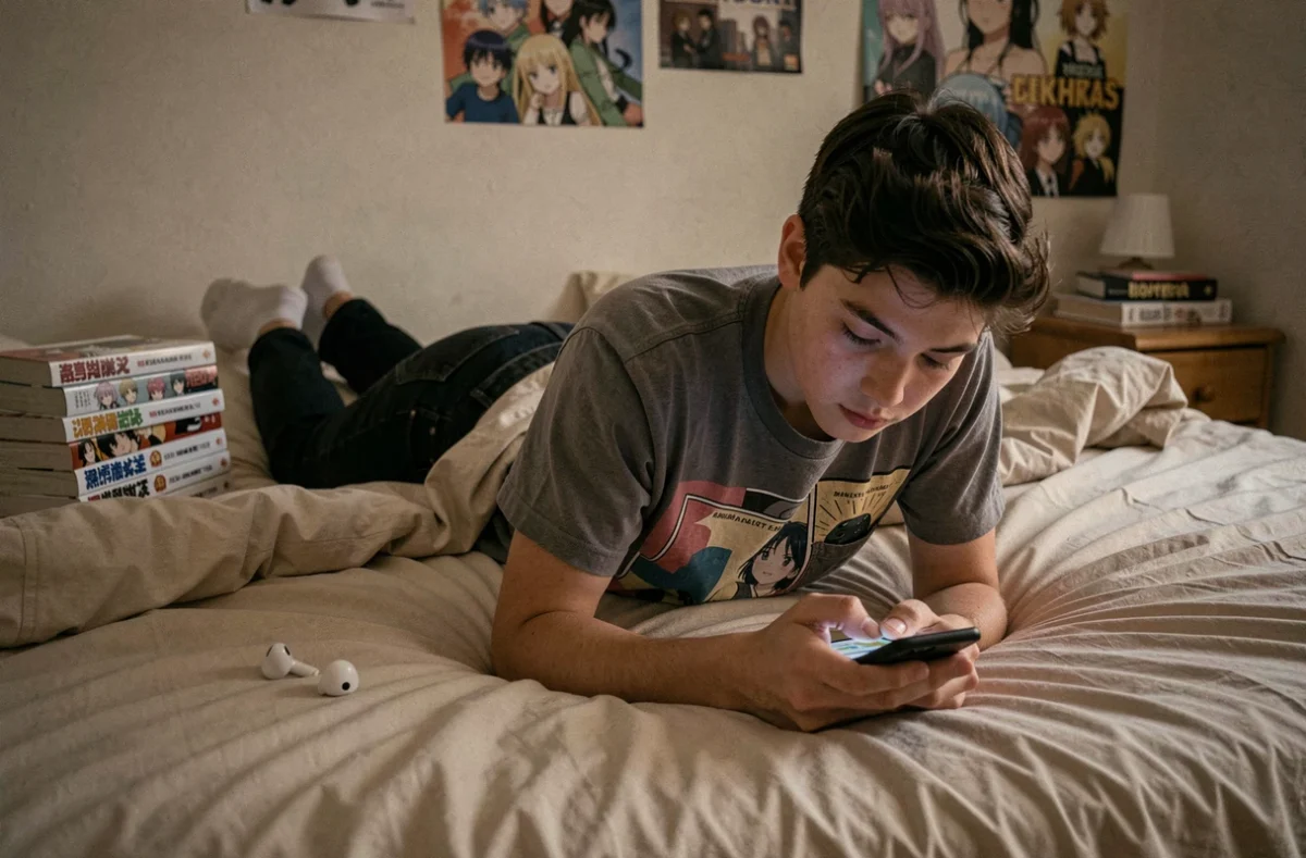 Adolescent lisant un chapitre de manga sur smartphone allongé sur son lit le soir