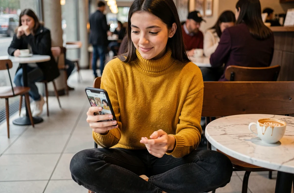 Jeune femme lisant le chapitre 290 de One Punch Man en vf sur une application légale depuis son smartphone dans un café