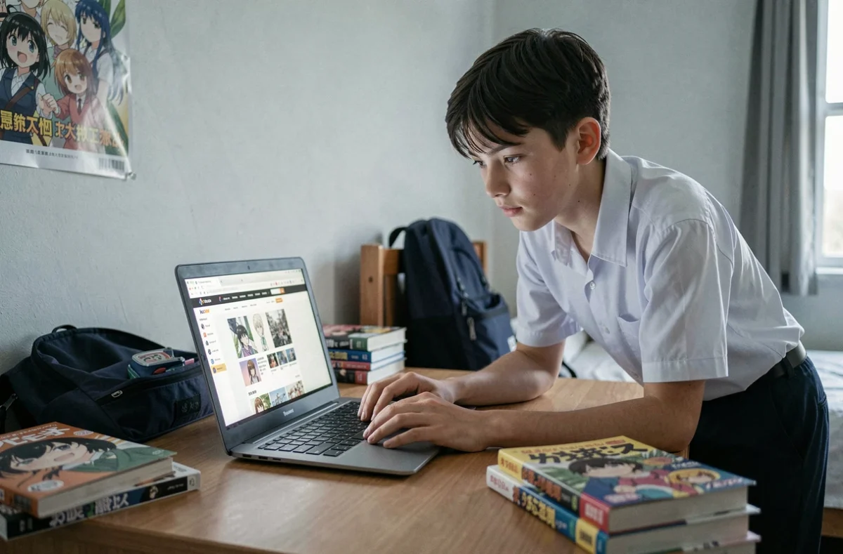 Adolescent lisant le scan de One Punch Man en vf sur un site légal depuis son ordinateur portable dans sa chambre