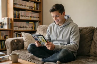 Jeune homme lisant des scans de manga sur une tablette dans un salon confortable entouré de volumes manga