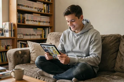 Jeune homme lisant des scans de manga sur une tablette dans un salon confortable entouré de volumes manga