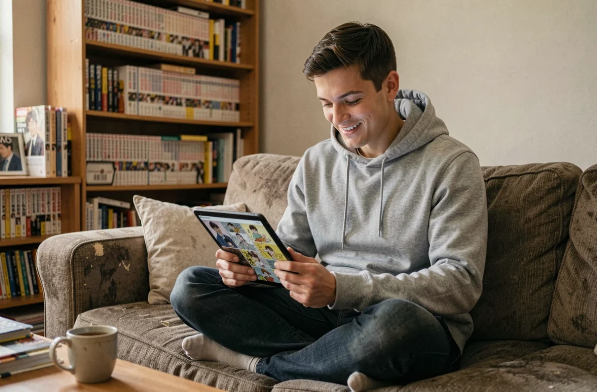 Jeune homme lisant des scans de manga sur une tablette dans un salon confortable entouré de volumes manga