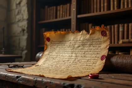 Lettre royale ancienne sur parchemin jauni avec sceau de cire, posée sur une table en chêne dans une archive historique