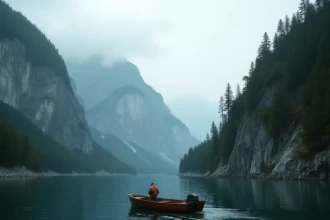 Vue panoramique du fjord de Lituya Bay en Alaska avec falaises granitiques et forêt dévastée par le mégatsunami de 1958
