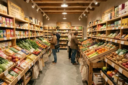 Vue panoramique d'un magasin bio isérois avec rayons bien achalandés et produits locaux
