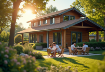 Maison de vacances ensoleillée avec famille sur le patio