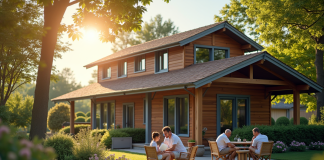 Maison de vacances ensoleillée avec famille sur le patio