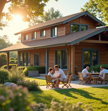 Maison de vacances ensoleillée avec famille sur le patio