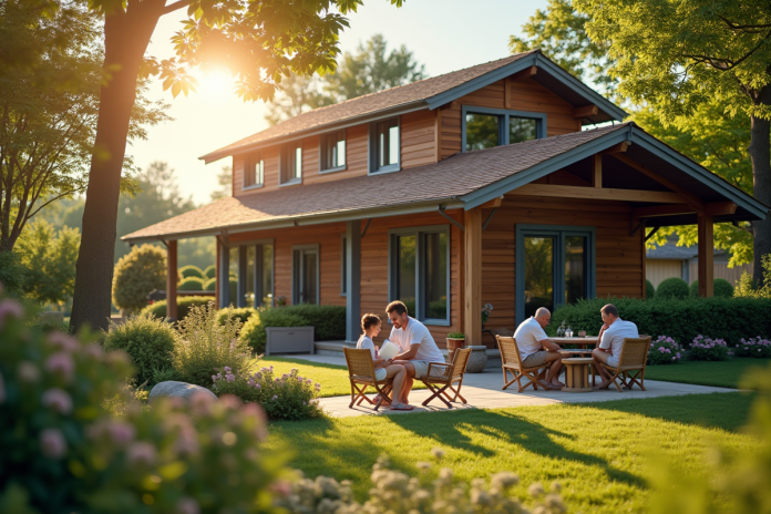 Maison de vacances ensoleillée avec famille sur le patio