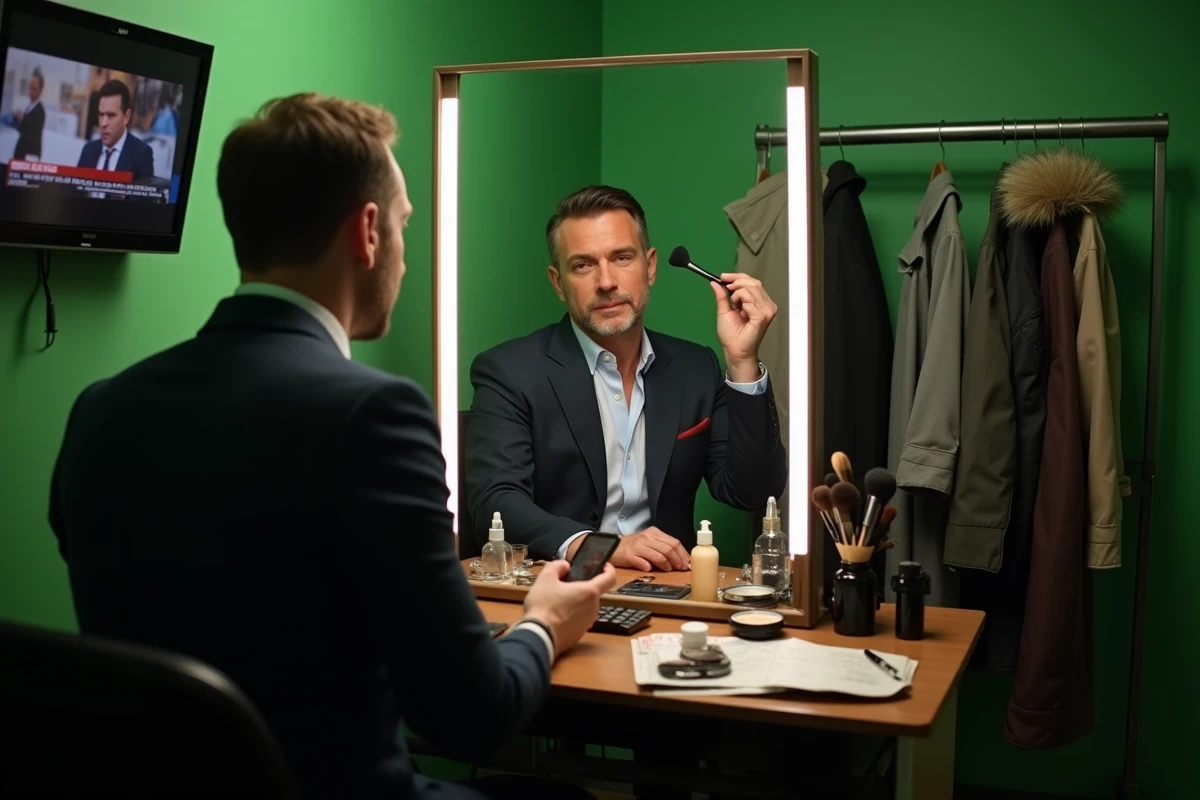 Présentateur masculin de CNews en loge maquillage avant le journal télévisé, assis devant un miroir avec une maquilleuse