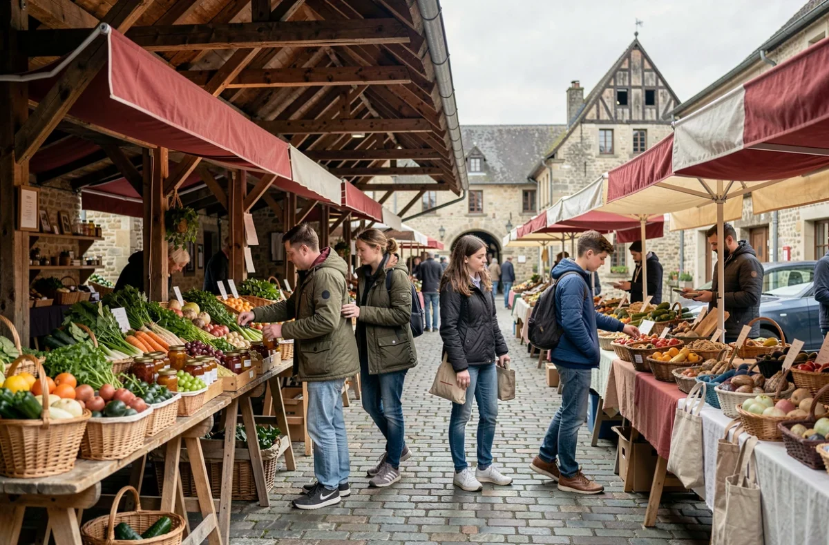 Famille visitant un marché artisanal de week-end dans le village de Saralbe en Moselle
