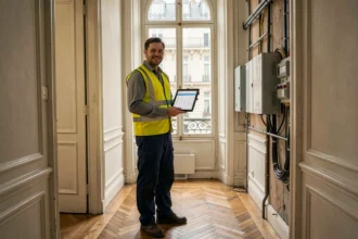 Électricien d'urgence professionnel dans un couloir parisien style haussmannien avec tableau électrique visible