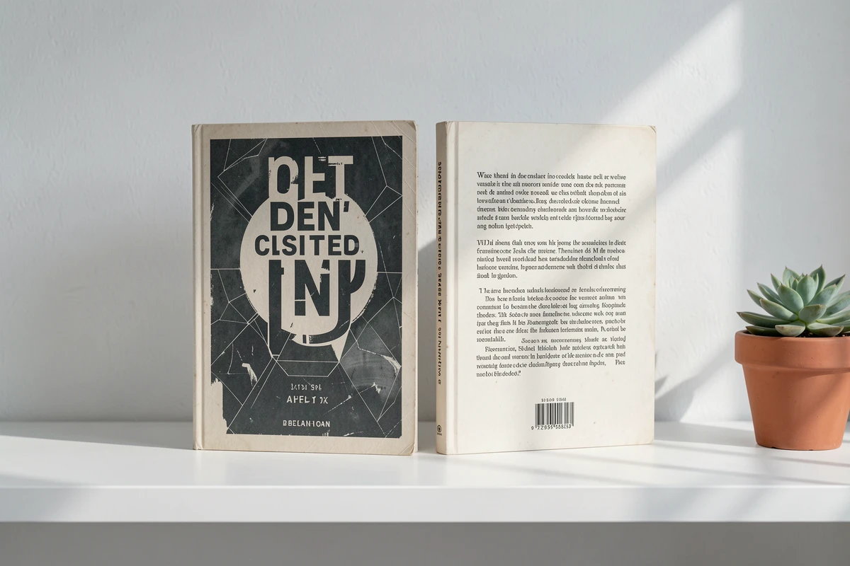 Deux livres debout sur une étagère blanche montrant la première et la quatrième de couverture face à l'objectif