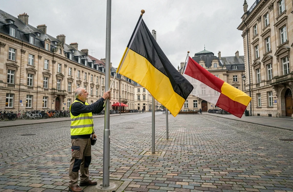 Ouvrier municipal installant un drapeau noir rouge jaune sur une place pavée européenne avec une erreur visible de proportions des bandes