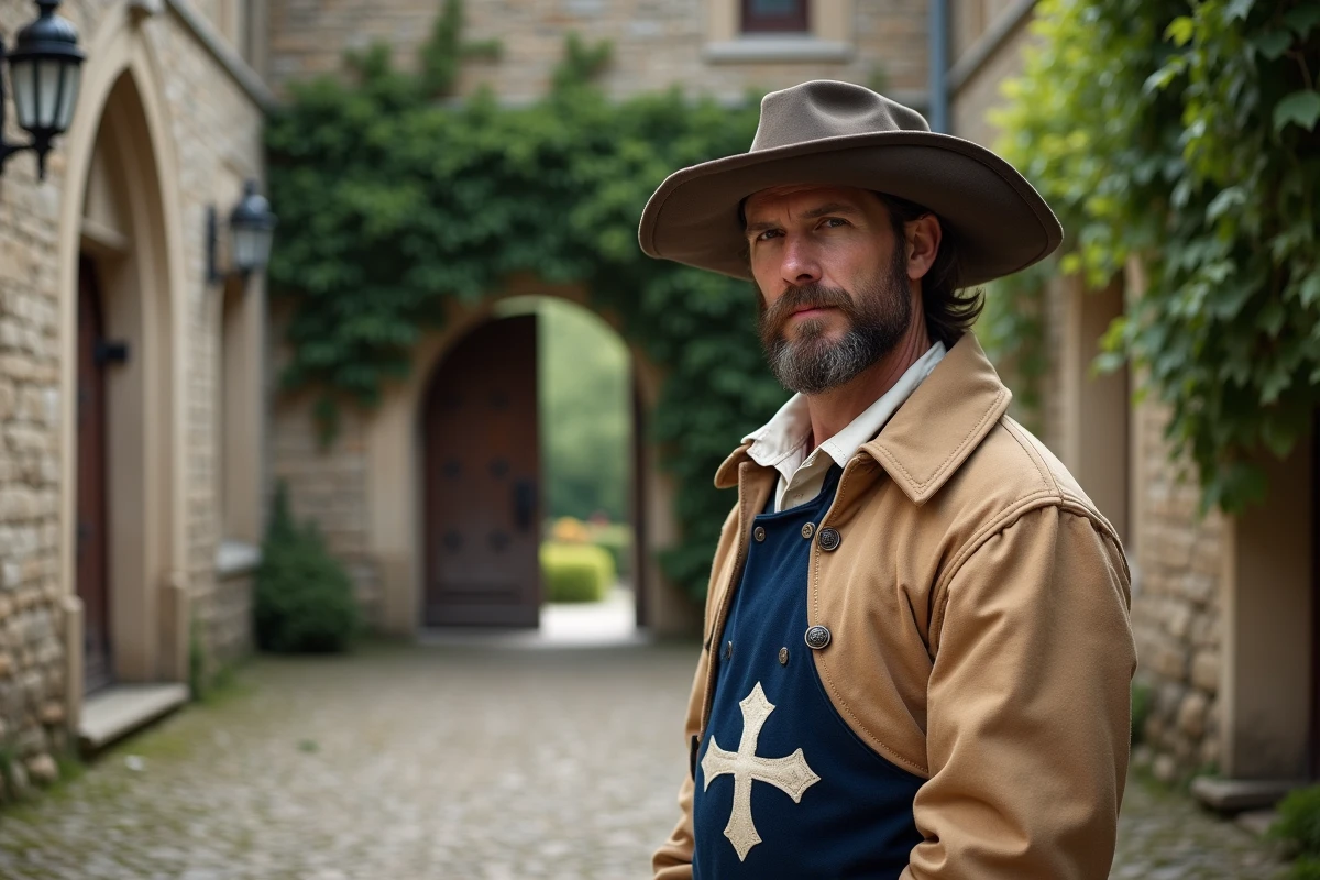 Reconstitution historique d'un mousquetaire du XVIIe siècle en costume d'époque dans la cour d'un château français