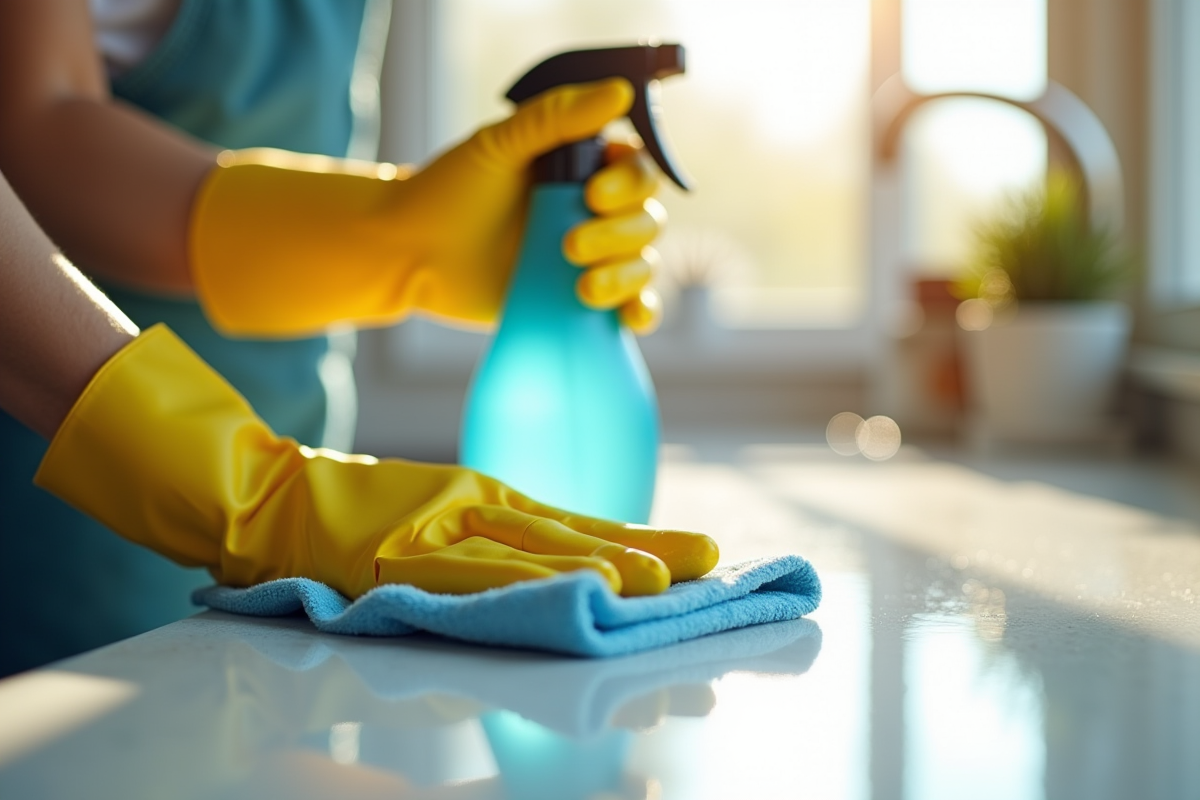 Mains gantées nettoyant un plan de cuisine brillant avec chiffon