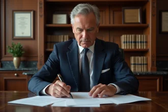 Notaire en costume lisant des documents juridiques