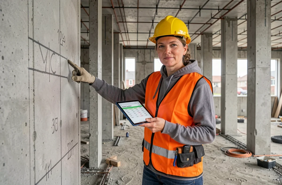 Ouvrière en chantier tenant une tablette avec un tableau de conversion m2 en m3 à l'intérieur d'une structure en béton en construction