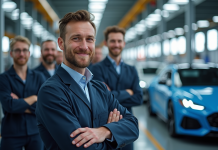 Groupe d'ouvriers automobiles devant des voitures modernes