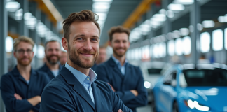 Groupe d'ouvriers automobiles devant des voitures modernes