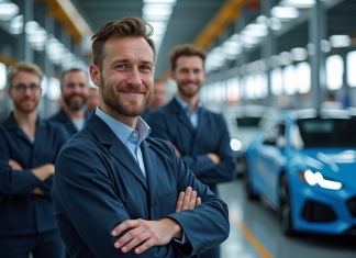 Salariés par secteur dans l’industrie automobile : lequel attire le plus ? Groupe d'ouvriers automobiles devant des voitures modernes