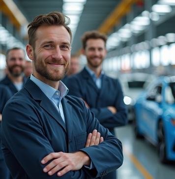 Salariés par secteur dans l’industrie automobile : lequel attire le plus ? Groupe d'ouvriers automobiles devant des voitures modernes
