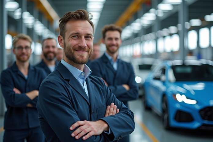 ouvriers-automobile-assemblee Groupe d'ouvriers automobiles devant des voitures modernes