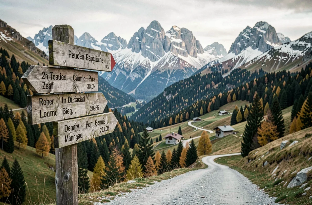 Panorama alpin en France avec signalisation touristique en bois et sommets enneigés au fond