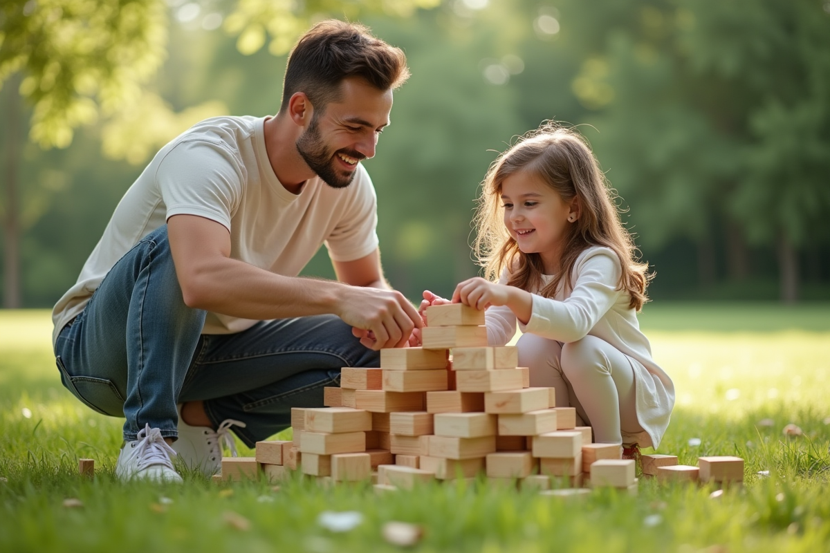 Père et fille construisant une tour en bois dans un parc ensoleille