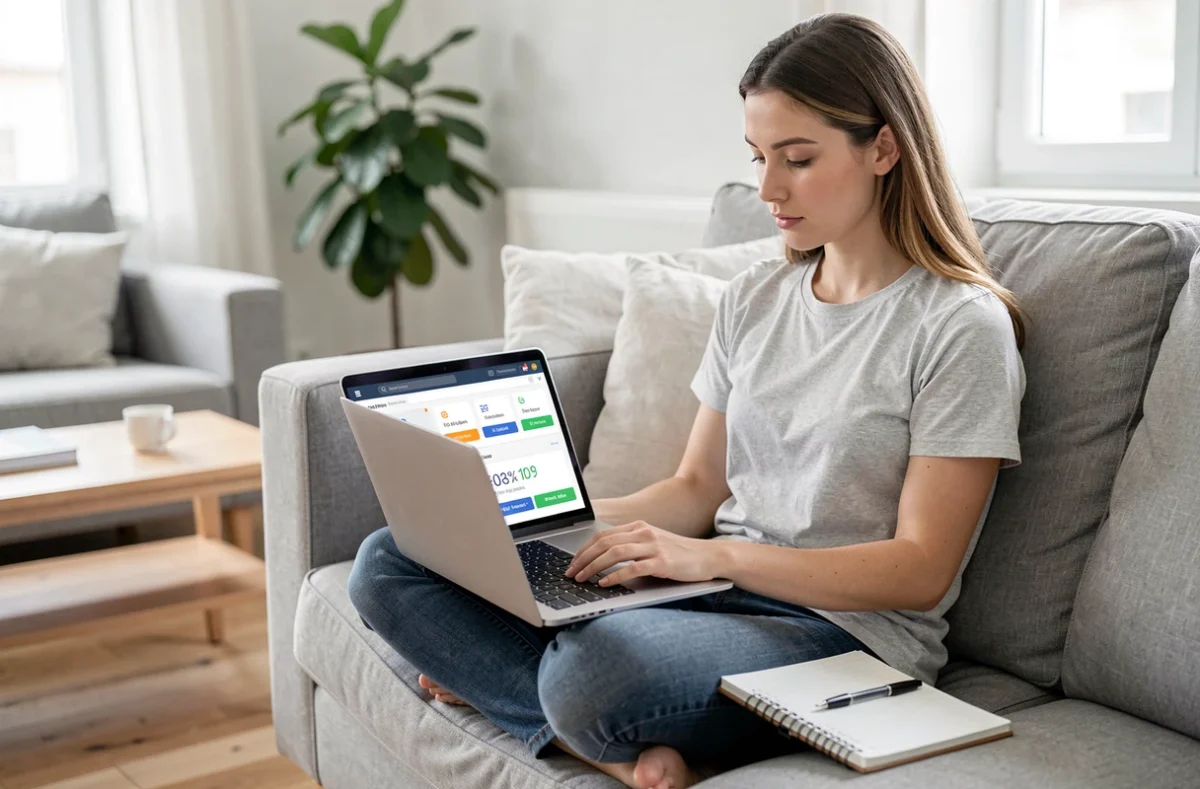 Femme comparant un programme de parrainage et un code promo sur son ordinateur portable dans un salon moderne