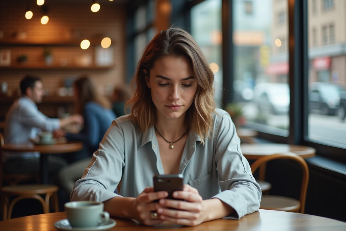Personne utilisant une application de rencontre sur smartphone dans un café, évaluant les options d'un site trans fiable