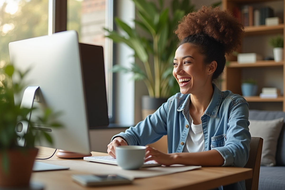 Personne travaillant chez elle avec ordinateur et café