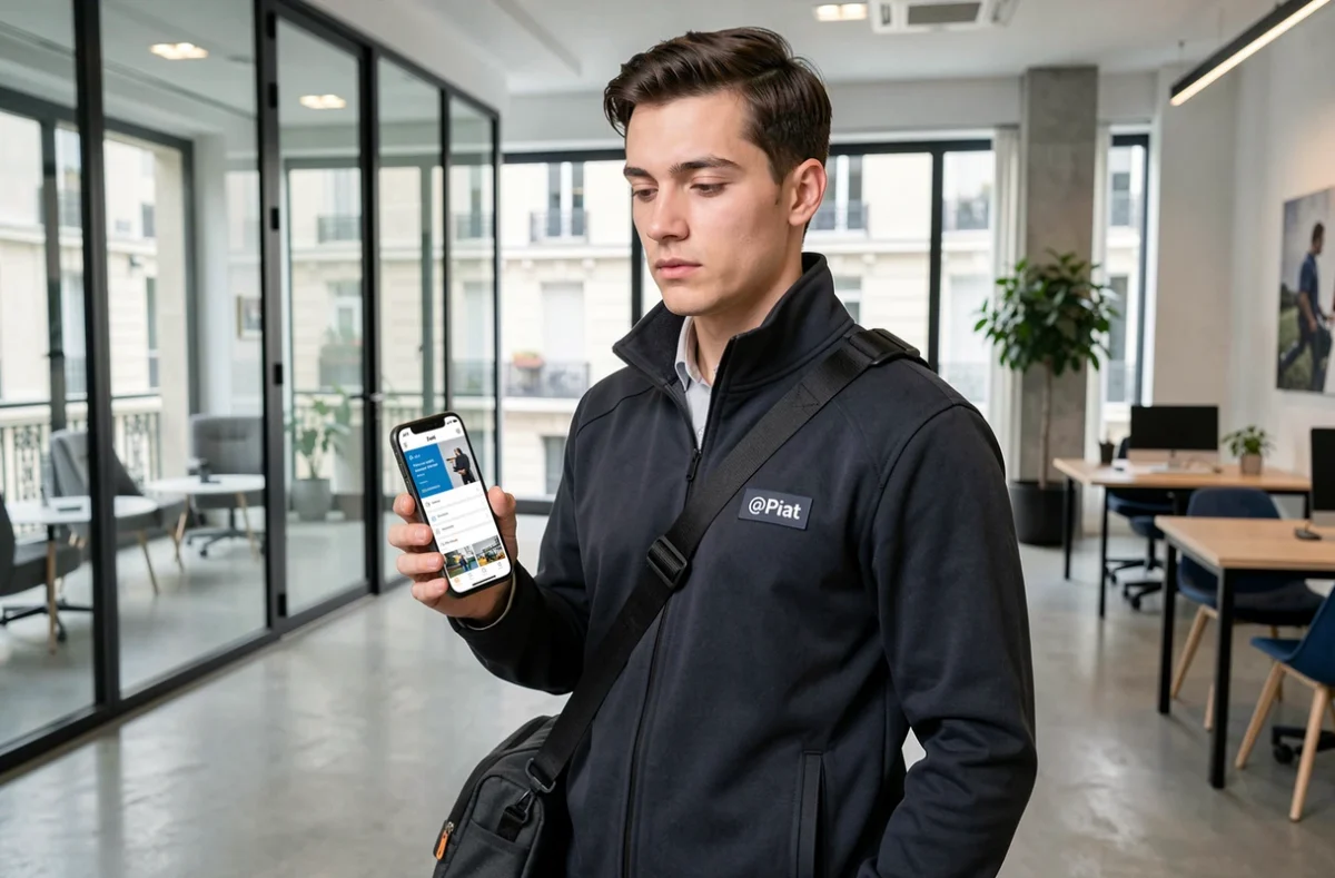 Électricien @Piat consultant son application de service dans un espace de co-working parisien moderne