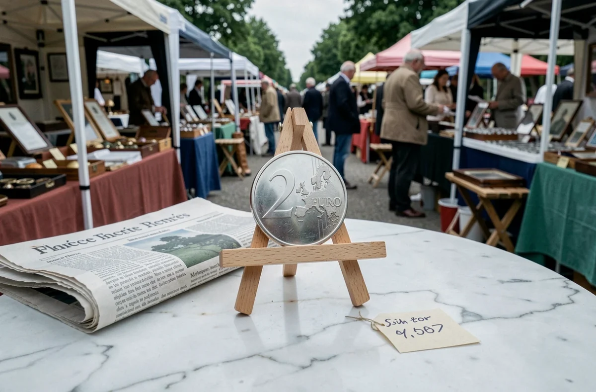 Pièce de 2 euros commémorative JO 2026 Tour Eiffel exposée sur un chevalet en bois dans un marché aux puces