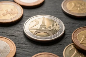 Pièce de 2 euros commémorative Jeux Olympiques 2026 avec la Tour Eiffel sur une ardoise sombre