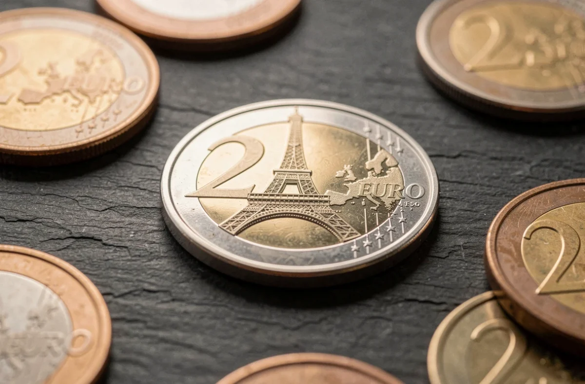 Pièce de 2 euros commémorative Jeux Olympiques 2026 avec la Tour Eiffel sur une ardoise sombre