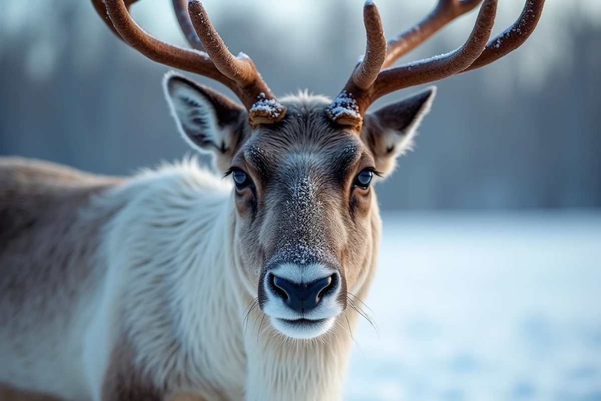 Portrait en gros plan d'un renne avec ses bois enneigés et son regard expressif en hiver