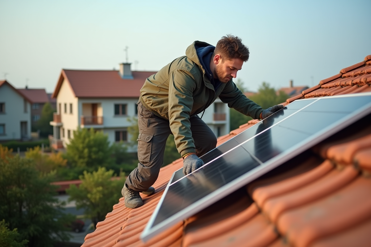 Jeune homme installant des panneaux solaires sur un toit en terre cuite