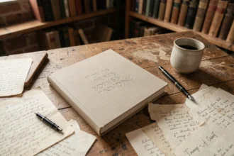 Première de couverture d'un livre posé sur un bureau en chêne avec stylo plume et pages manuscrites, vue de dessus