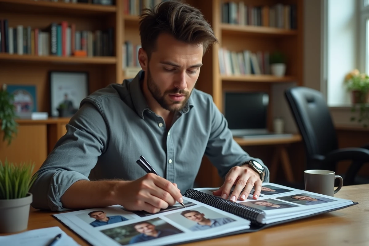 Homme préparant son book de photos pour un casting de figurant à domicile