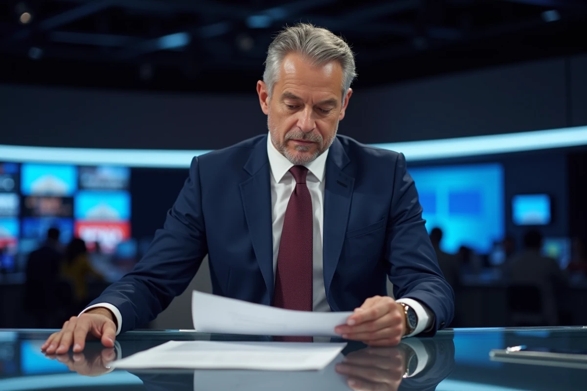 Présentateur CNews masculin en costume marine assis au bureau de présentation, révisant ses notes avant le direct télévisé