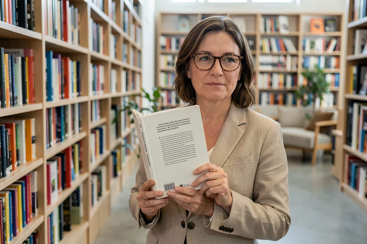 Femme tenant un livre dont la quatrième de couverture est visible dans une librairie indépendante moderne
